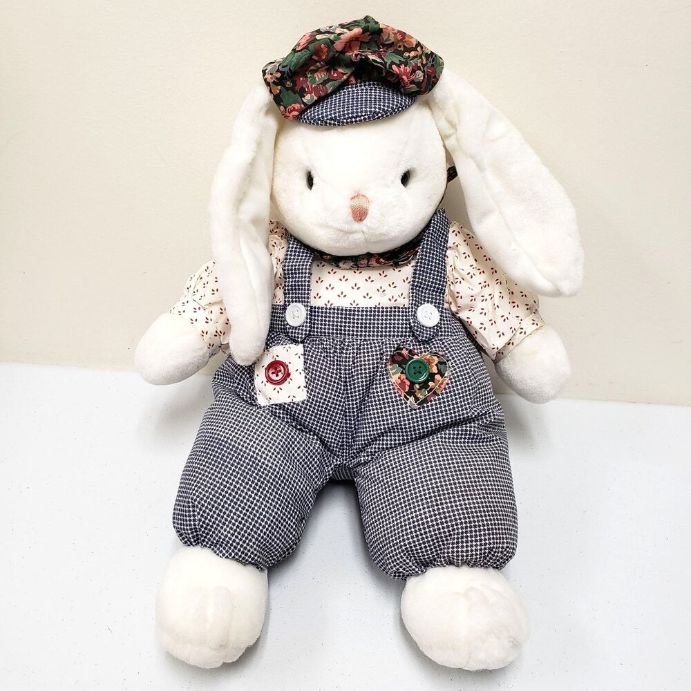 MTY International 18" White Bunny Rabbit Button Overalls Stuffed Animal Plush